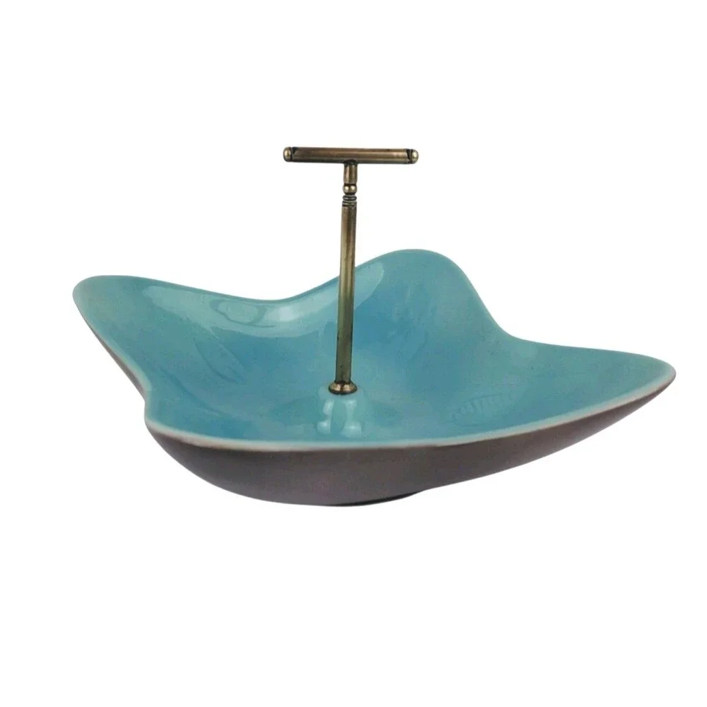 California USA Pottery Turquoise Candy Nut Dish Brass Handle 1950's Vtg Atomic